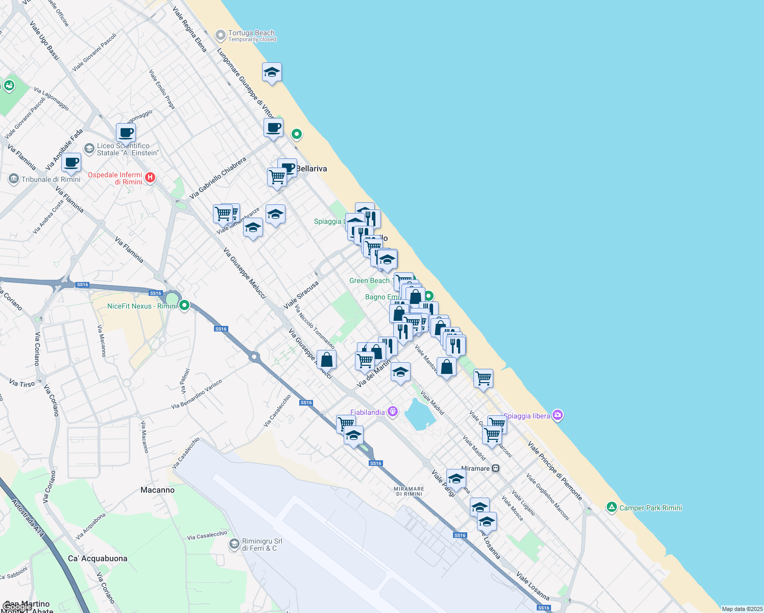 map of restaurants, bars, coffee shops, grocery stores, and more near 71 Viale Mantova in Rimini