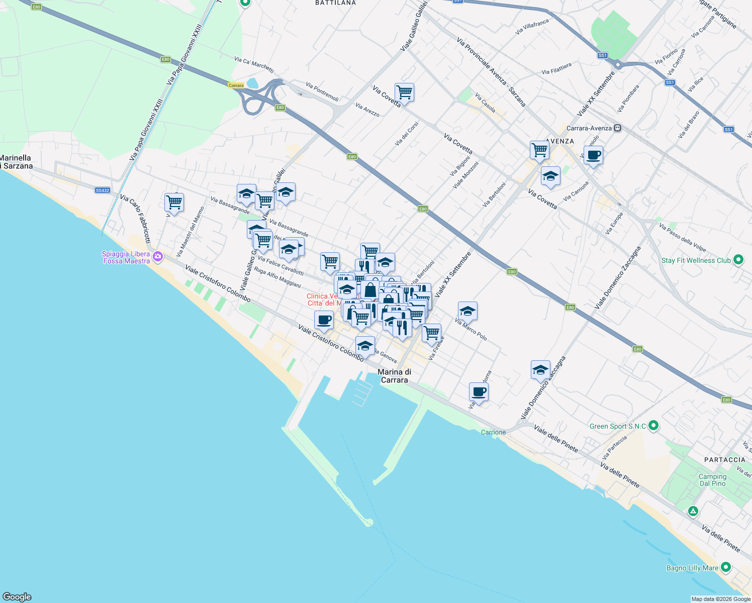map of restaurants, bars, coffee shops, grocery stores, and more near 20 Via Werther Muttini in Marina di Carrara