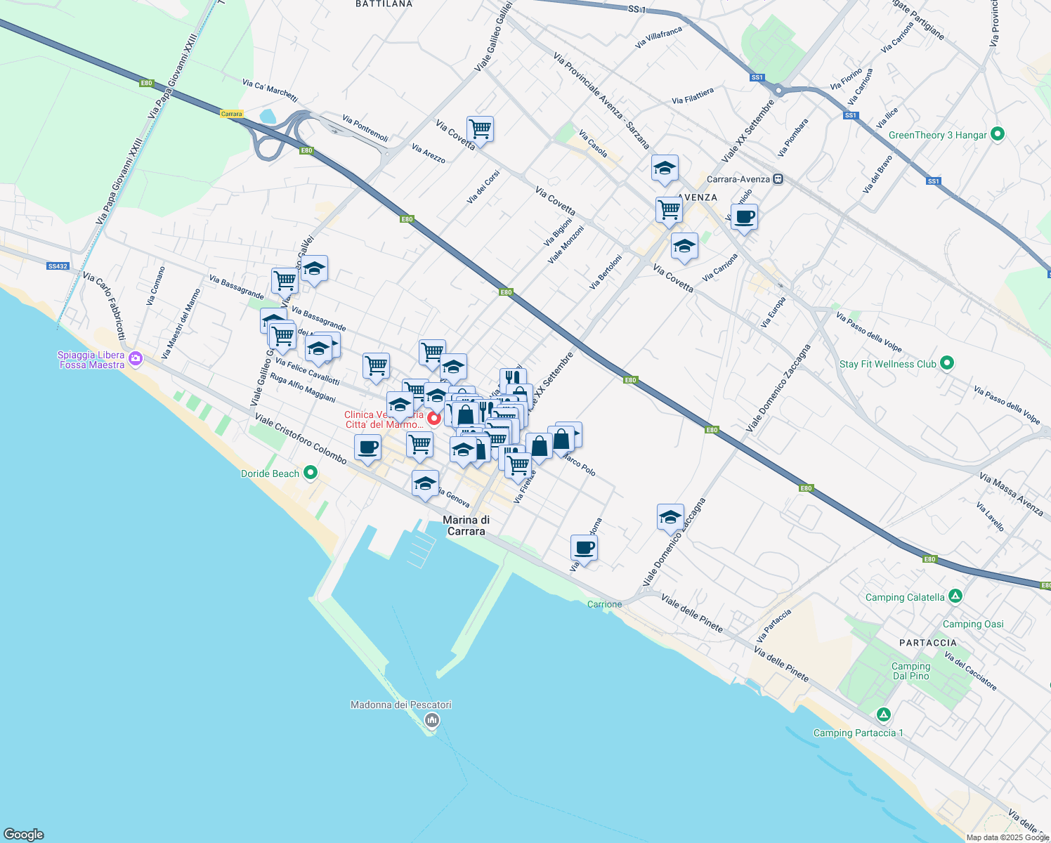 map of restaurants, bars, coffee shops, grocery stores, and more near 312BIS Viale XX Settembre in Carrara