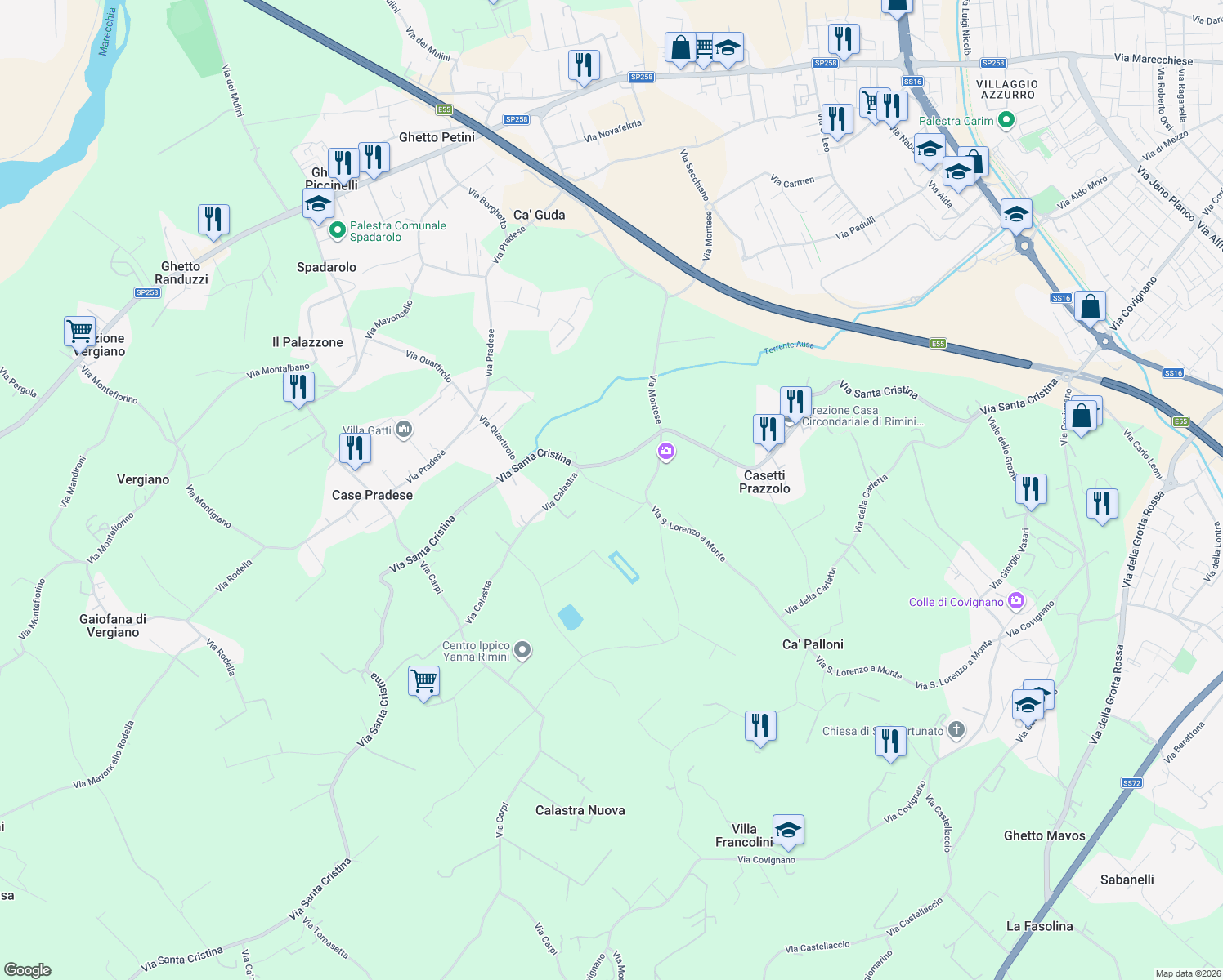 map of restaurants, bars, coffee shops, grocery stores, and more near 40 Via Santa Cristina in Provincia di Rimini