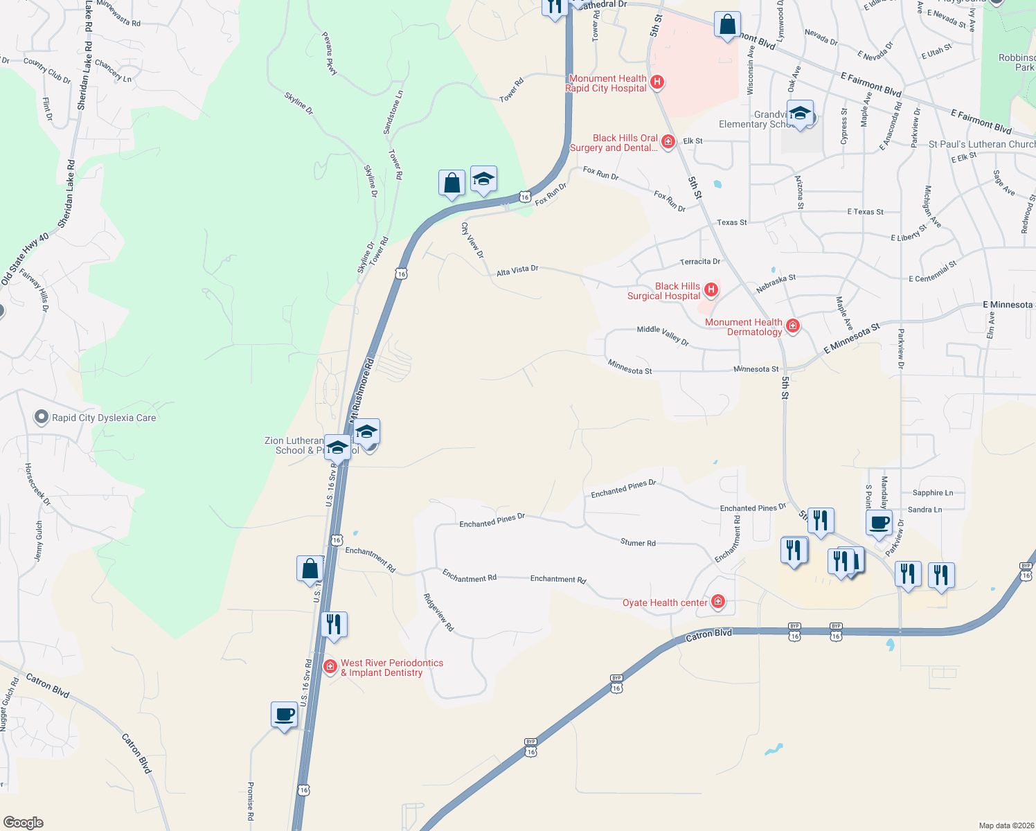 map of restaurants, bars, coffee shops, grocery stores, and more near 4600 U.S. 16 in Rapid City