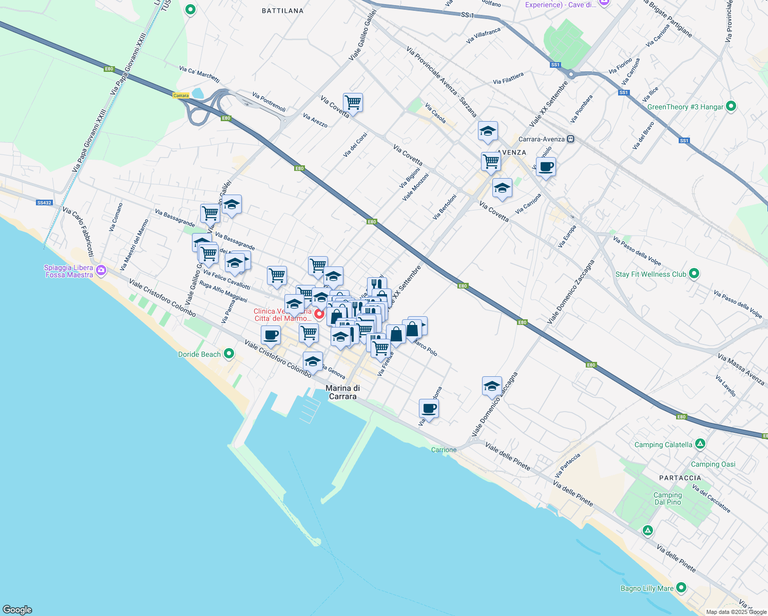 map of restaurants, bars, coffee shops, grocery stores, and more near 1 Via Nazario Sauro in Carrara