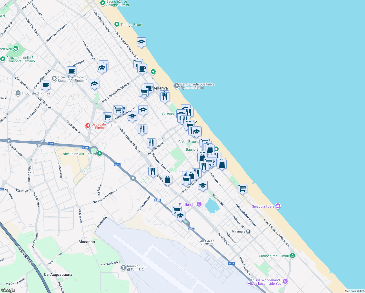 map of restaurants, bars, coffee shops, grocery stores, and more near 17a Viale Rapallo in Rimini