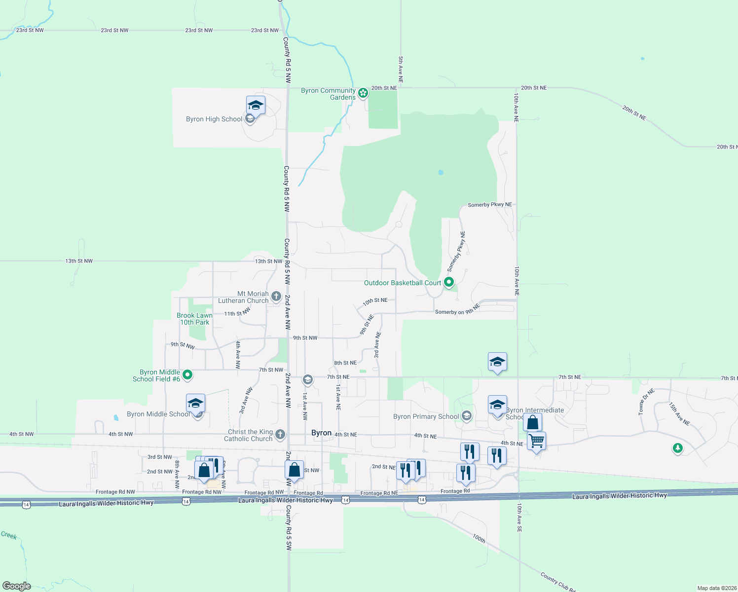 map of restaurants, bars, coffee shops, grocery stores, and more near 245 10th Street Northeast in Byron