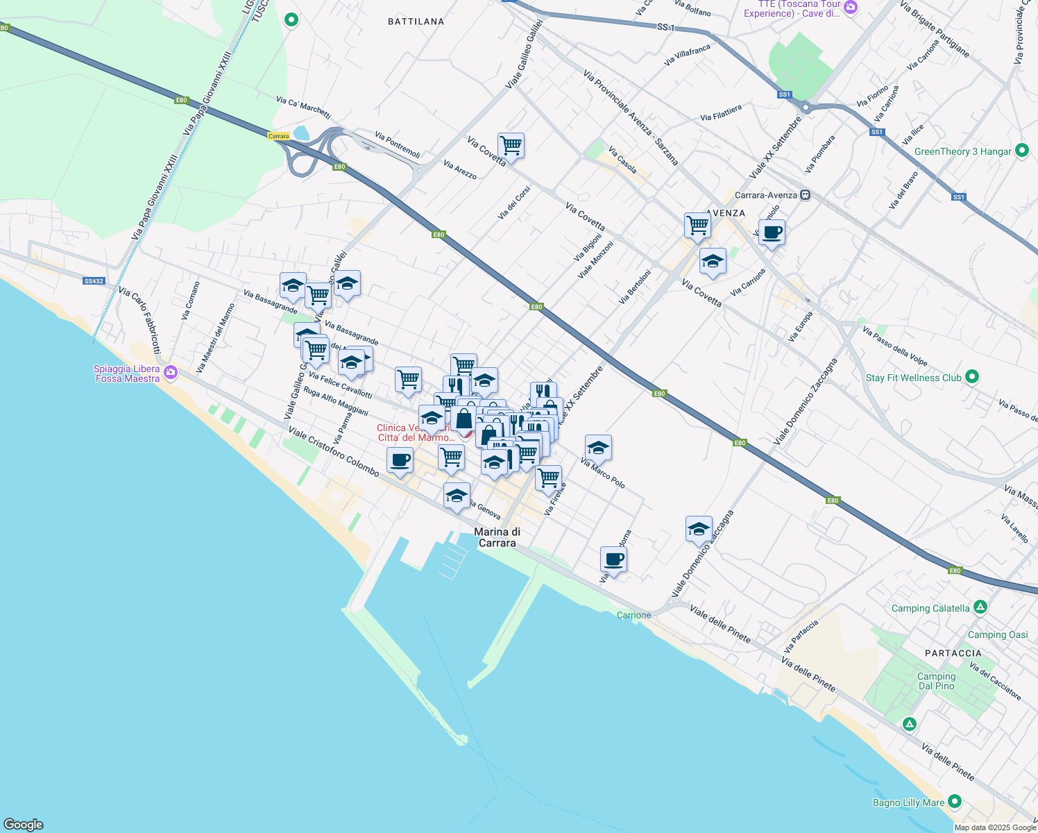 map of restaurants, bars, coffee shops, grocery stores, and more near 33 Via Lunense in Marina di Carrara