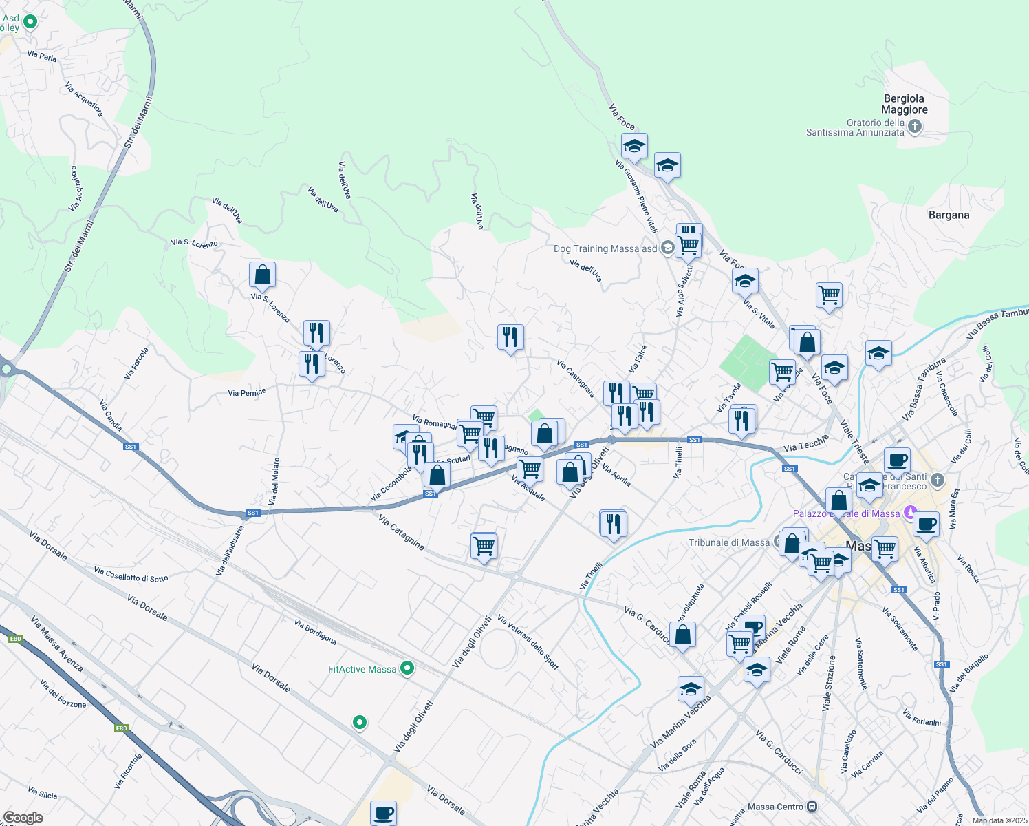 map of restaurants, bars, coffee shops, grocery stores, and more near 85 Via Armando Mannini in Massa