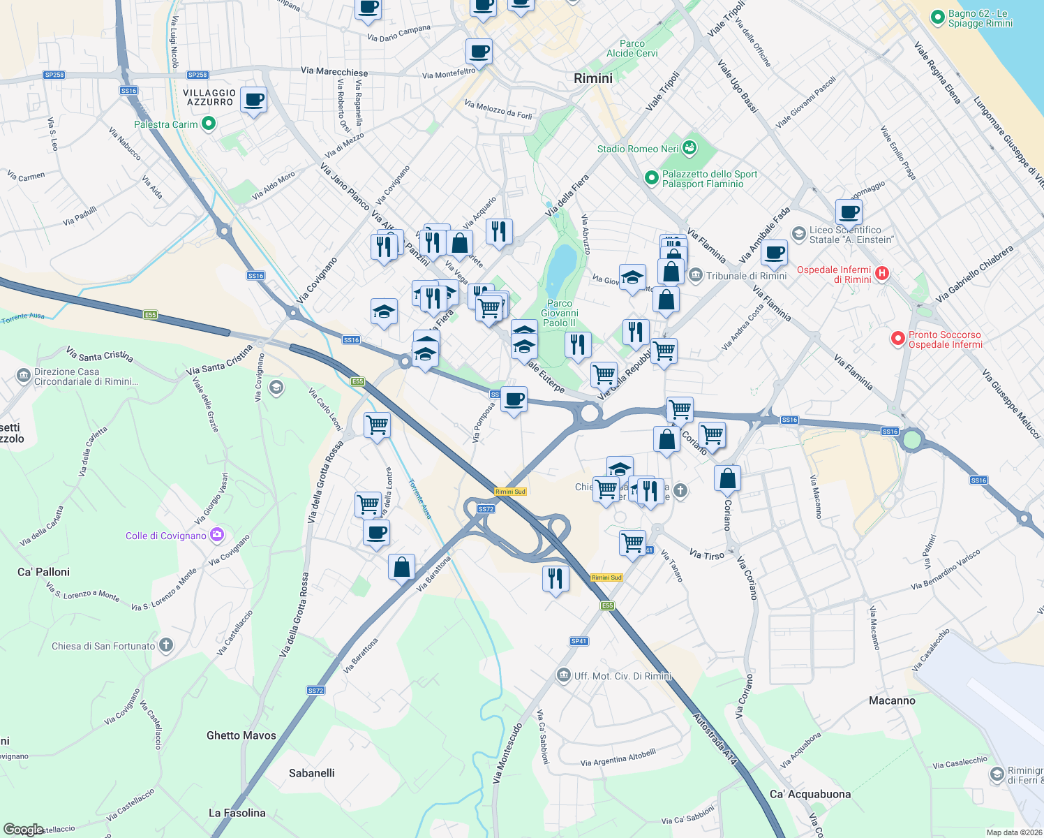 map of restaurants, bars, coffee shops, grocery stores, and more near 6 Via al Torrente in Rimini