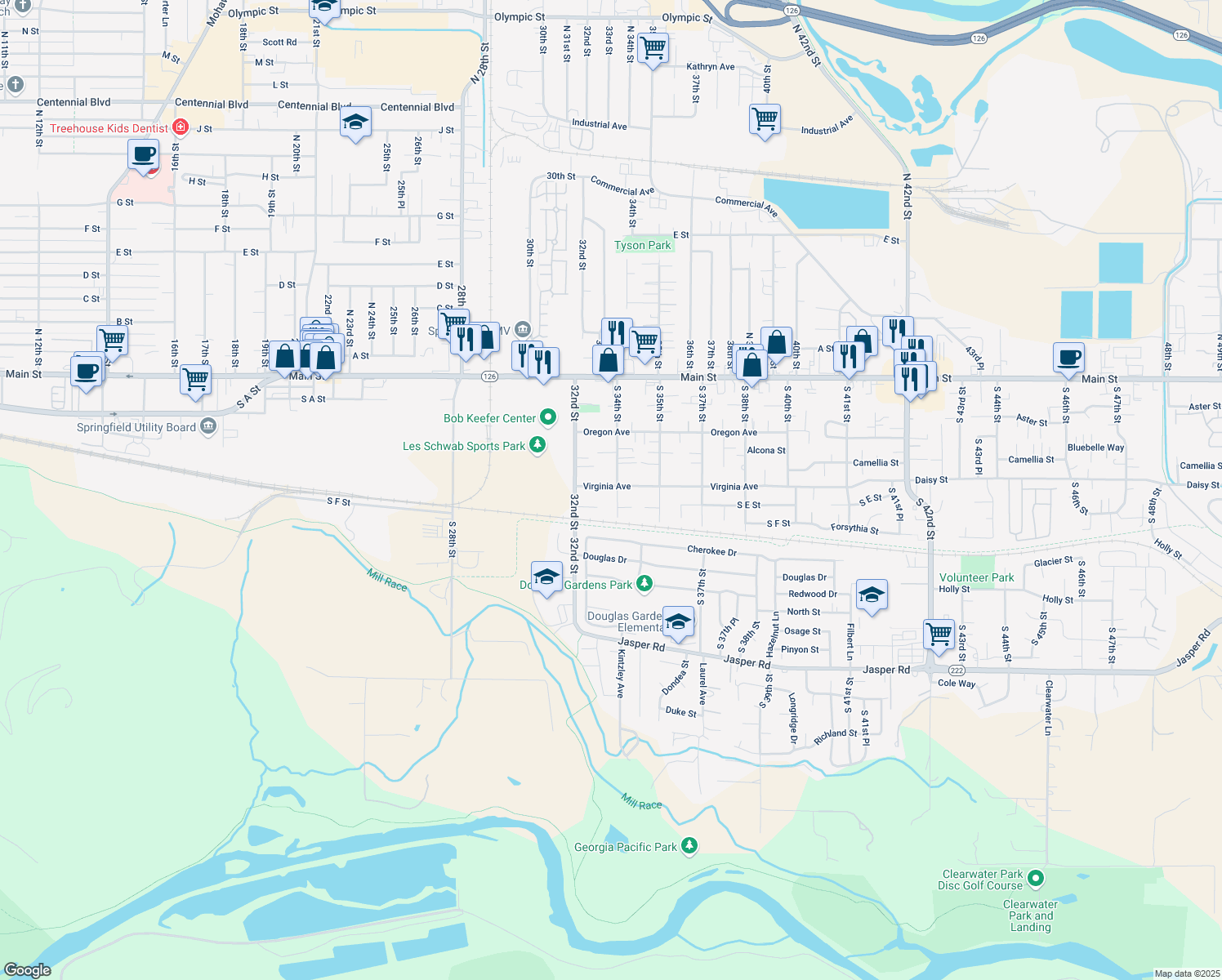 map of restaurants, bars, coffee shops, grocery stores, and more near 3385 Virginia Avenue in Springfield