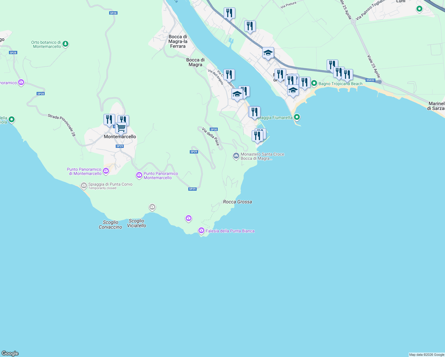 map of restaurants, bars, coffee shops, grocery stores, and more near in Province of La Spezia