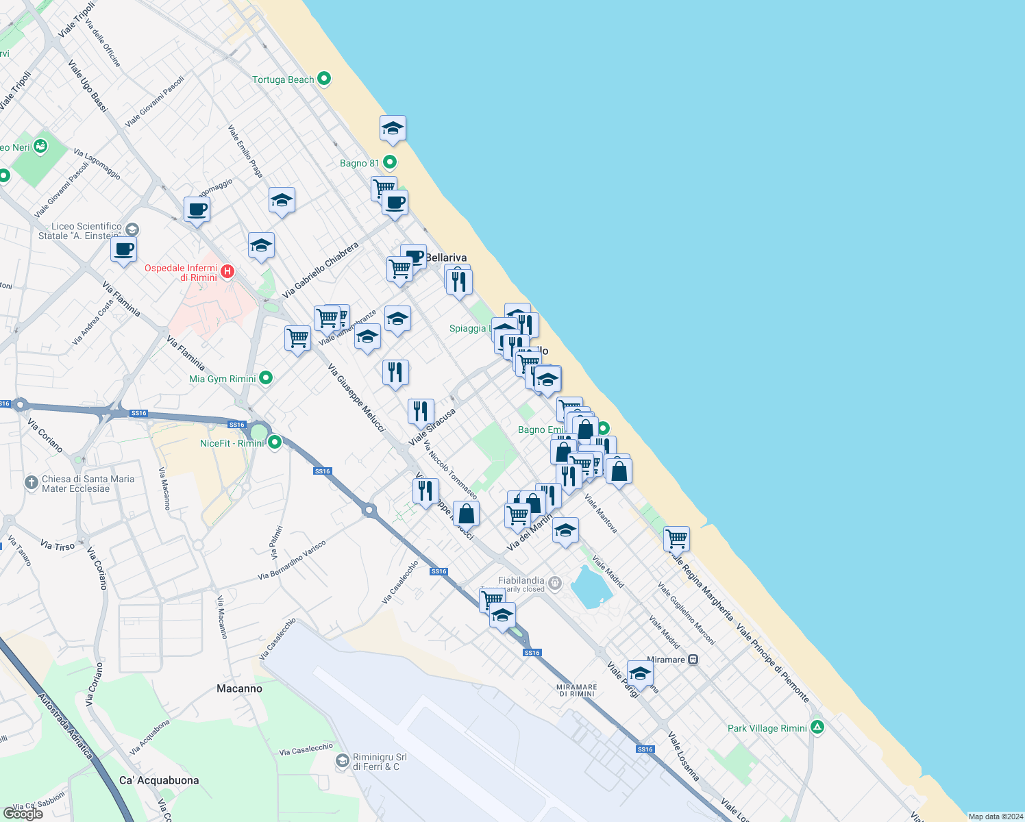 map of restaurants, bars, coffee shops, grocery stores, and more near 17A Viale Rapallo in Rimini