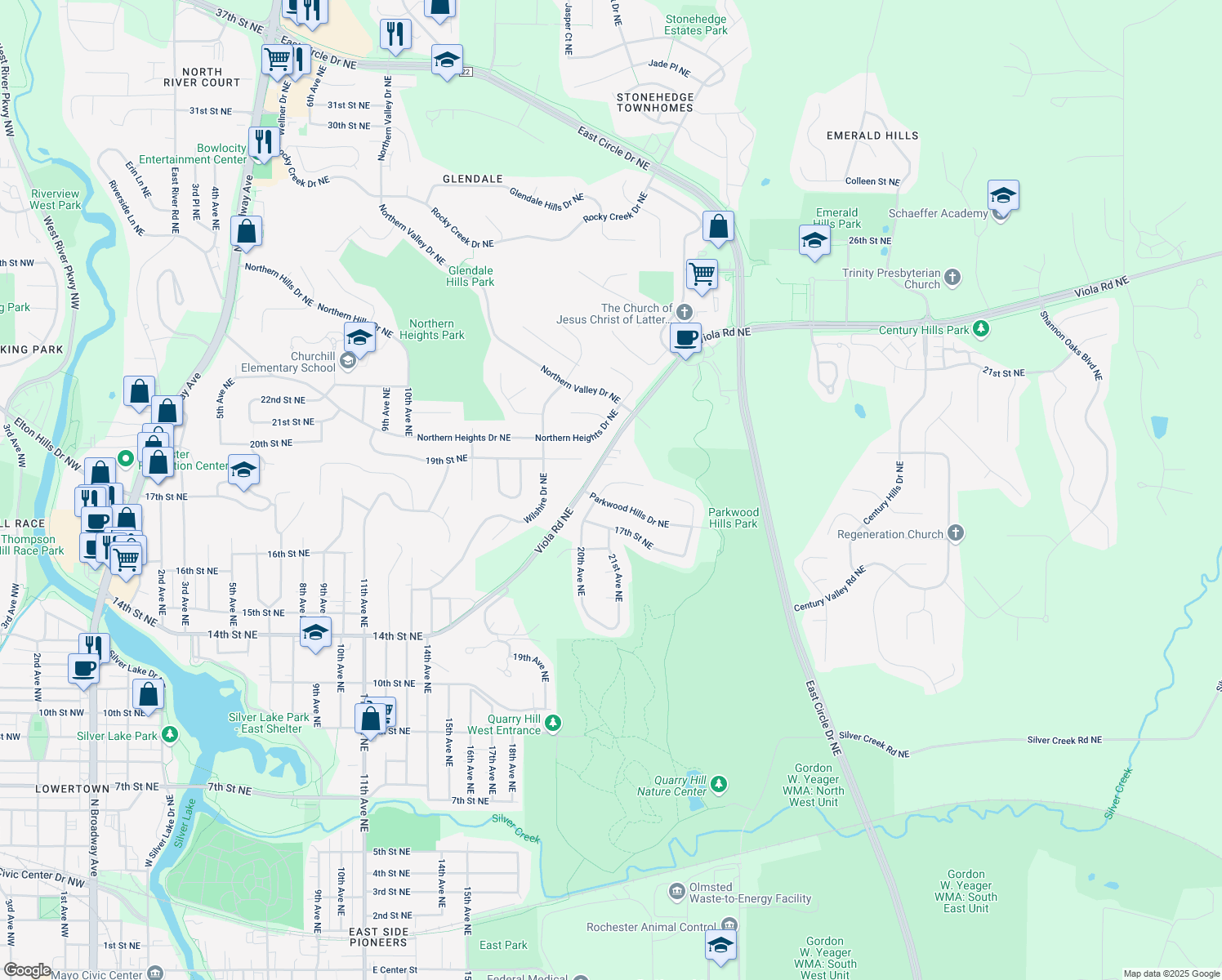 map of restaurants, bars, coffee shops, grocery stores, and more near 1814 20th Avenue Northeast in Rochester