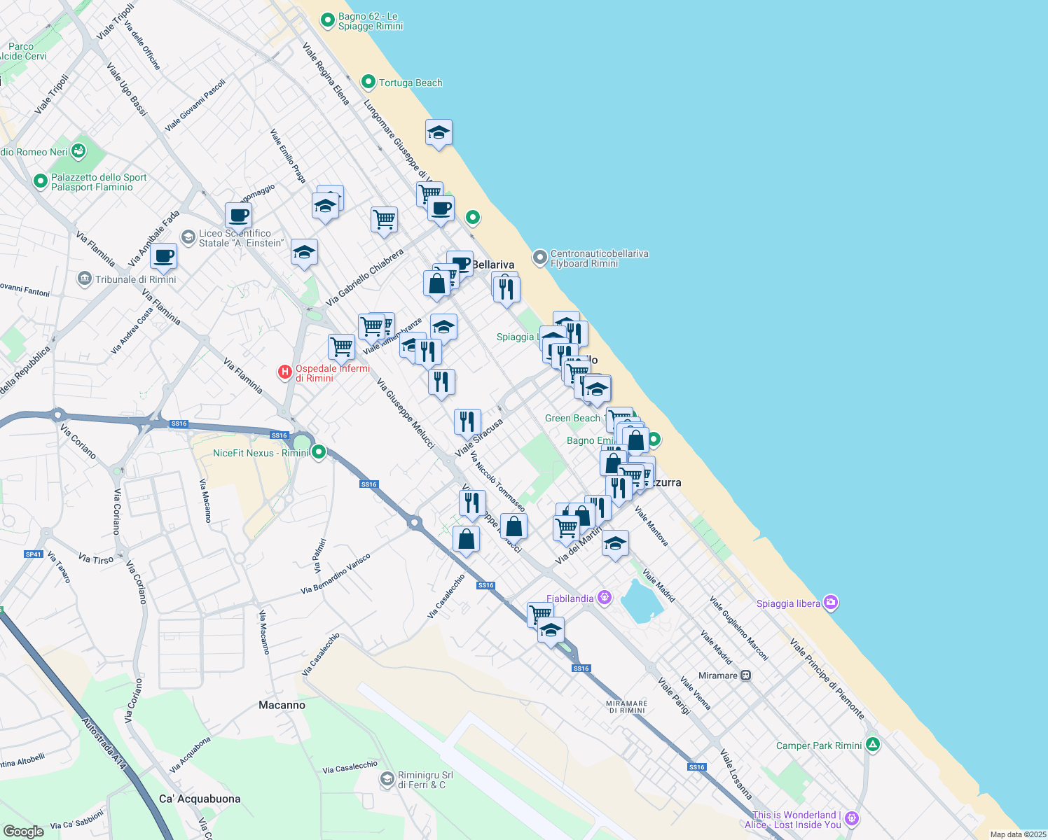 map of restaurants, bars, coffee shops, grocery stores, and more near 1 Via Aurelio Cassiodoro in Rimini