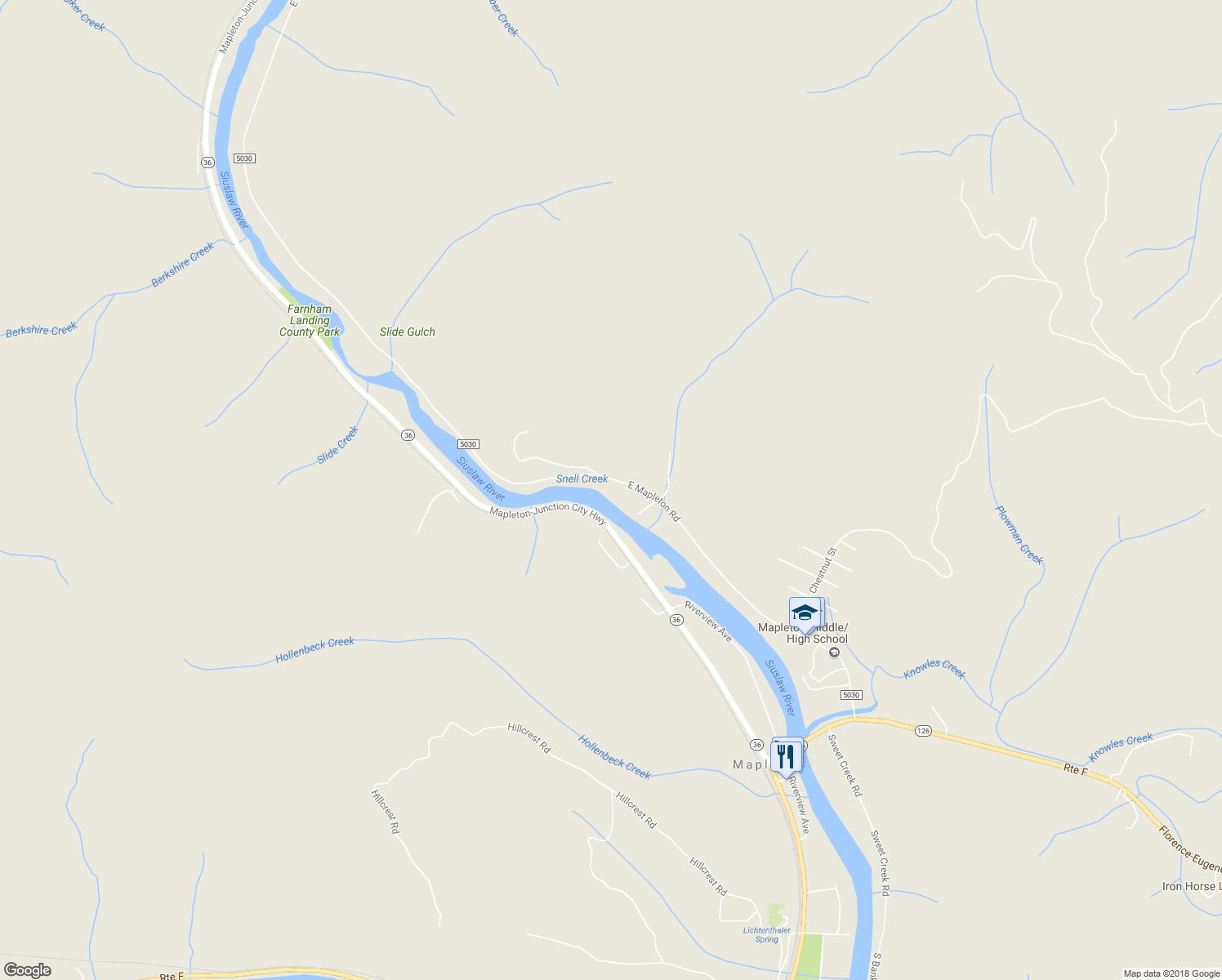 map of restaurants, bars, coffee shops, grocery stores, and more near 11085 East Mapleton Road in Mapleton