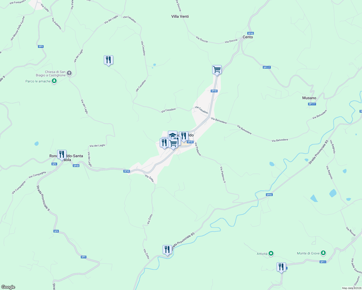 map of restaurants, bars, coffee shops, grocery stores, and more near 71 Via Giacomo Matteotti in Roncofreddo
