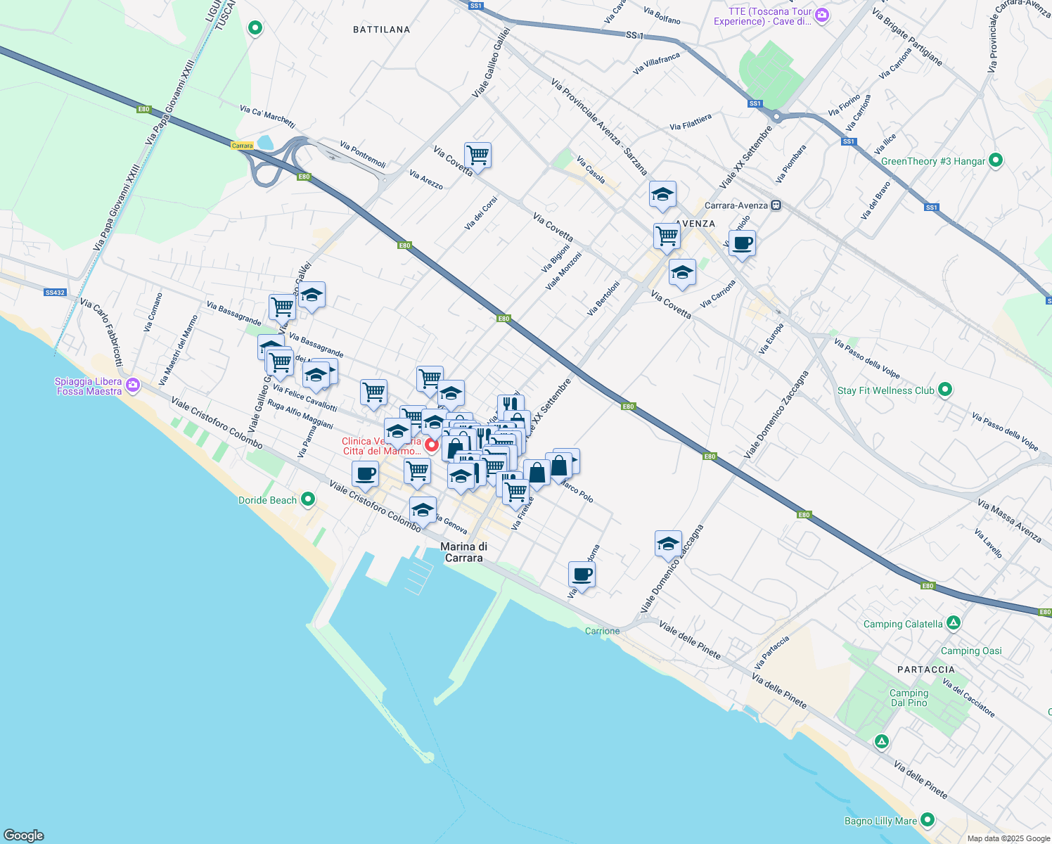 map of restaurants, bars, coffee shops, grocery stores, and more near 1 Via Nazario Sauro in Marina di Carrara