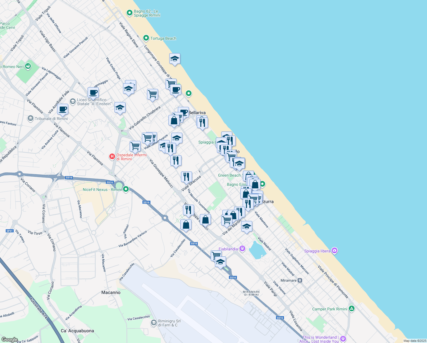map of restaurants, bars, coffee shops, grocery stores, and more near 1 Via Aurelio Cassiodoro in Rimini