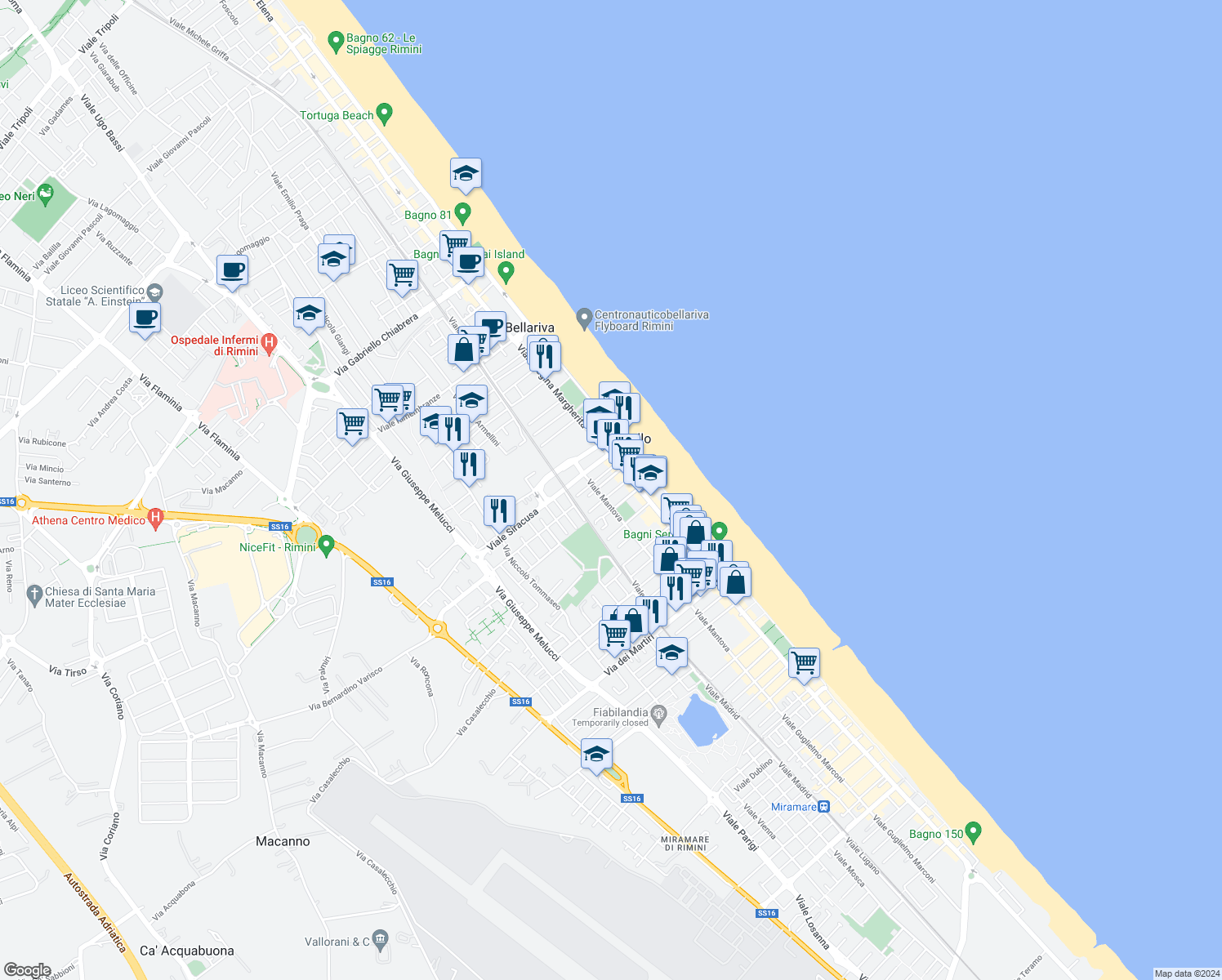 map of restaurants, bars, coffee shops, grocery stores, and more near 83 Viale Regina Margherita in Rimini