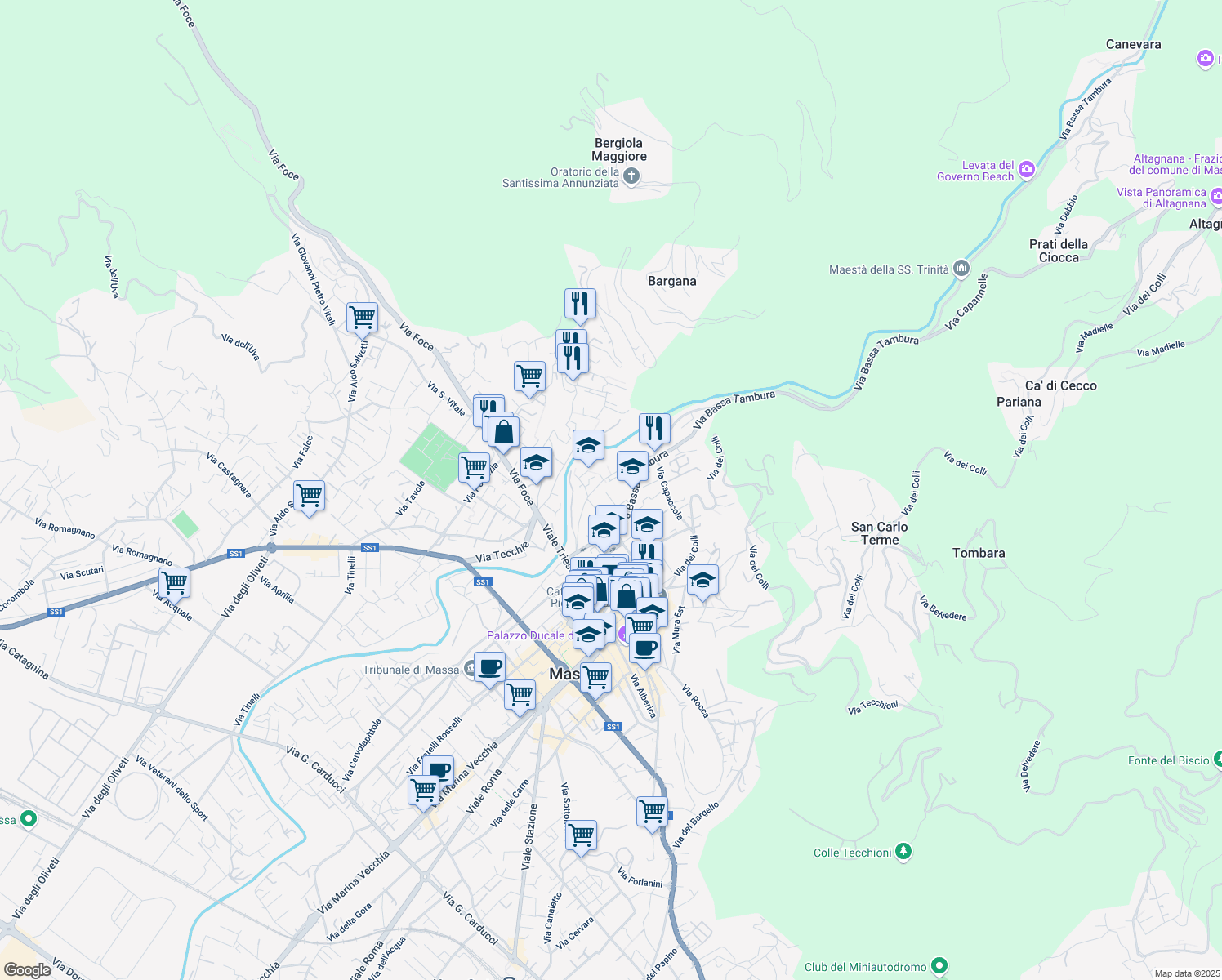 map of restaurants, bars, coffee shops, grocery stores, and more near 134 Via Felice Cavallotti in Massa
