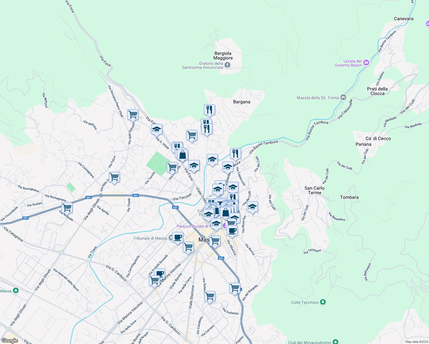 map of restaurants, bars, coffee shops, grocery stores, and more near 8 Piazza Ospedaletto in Massa