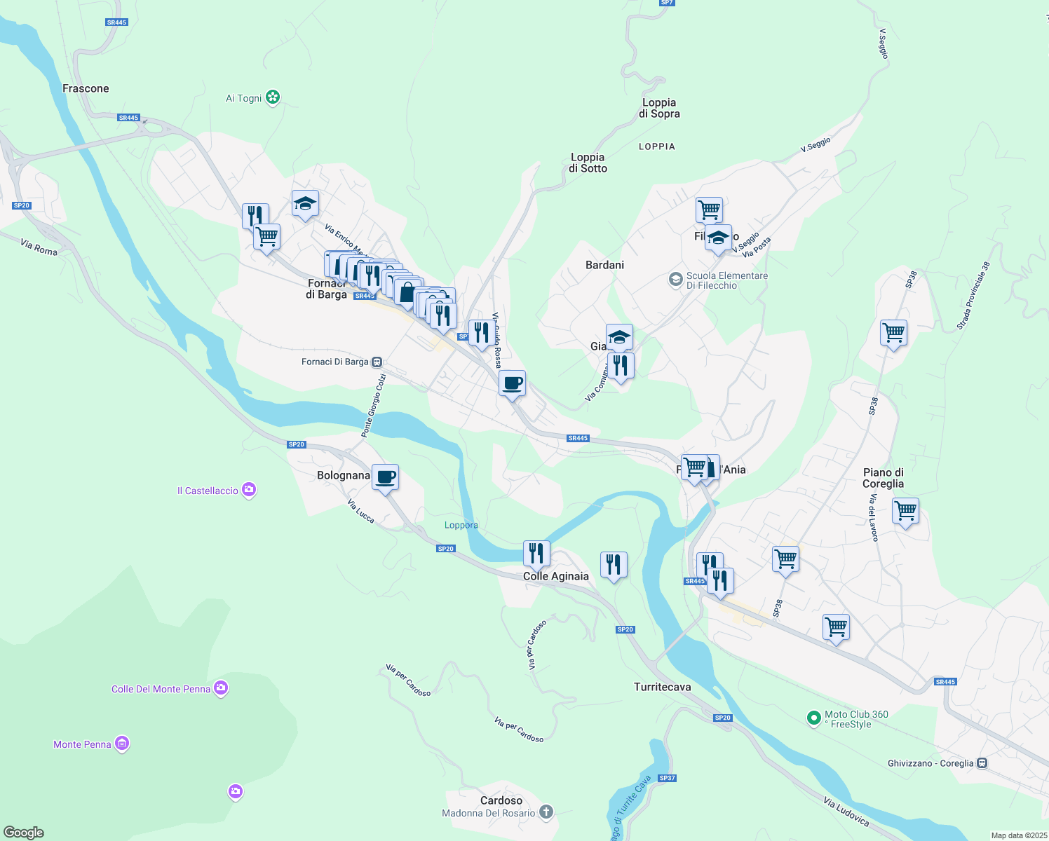 map of restaurants, bars, coffee shops, grocery stores, and more near Strada Provinciale 20 Lodovica in Lucca