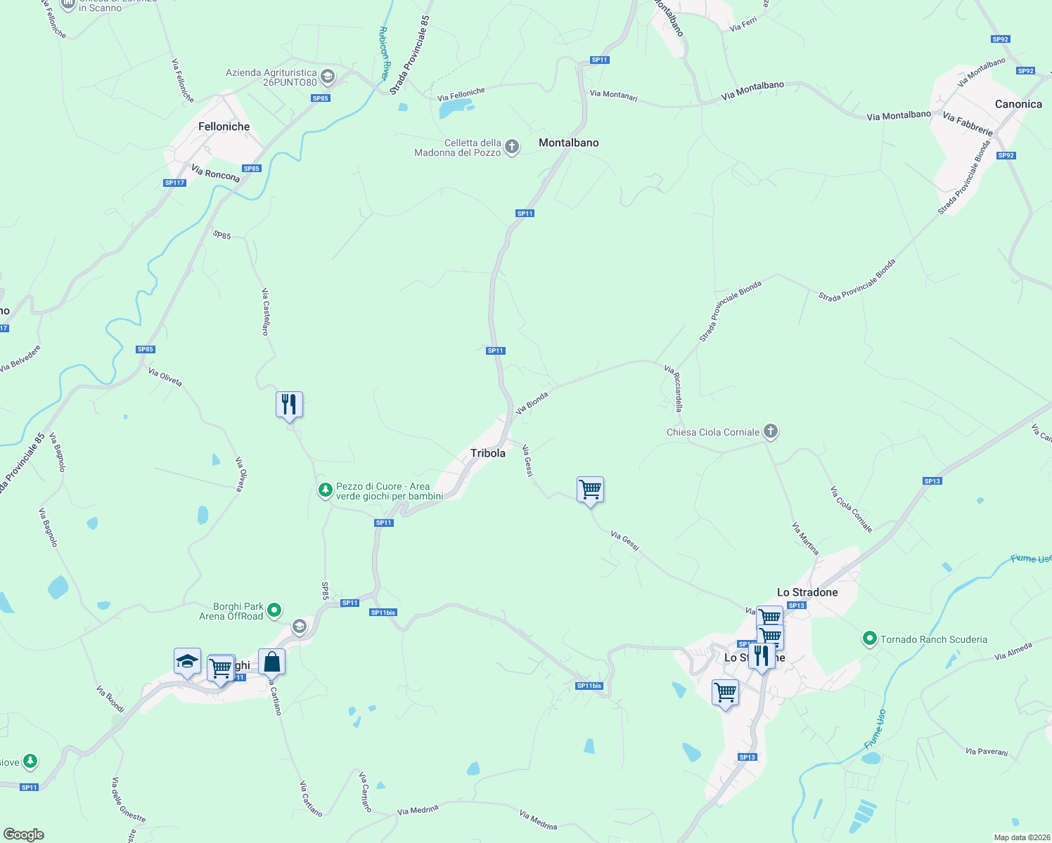 map of restaurants, bars, coffee shops, grocery stores, and more near 22 Via Bionda in Tribola