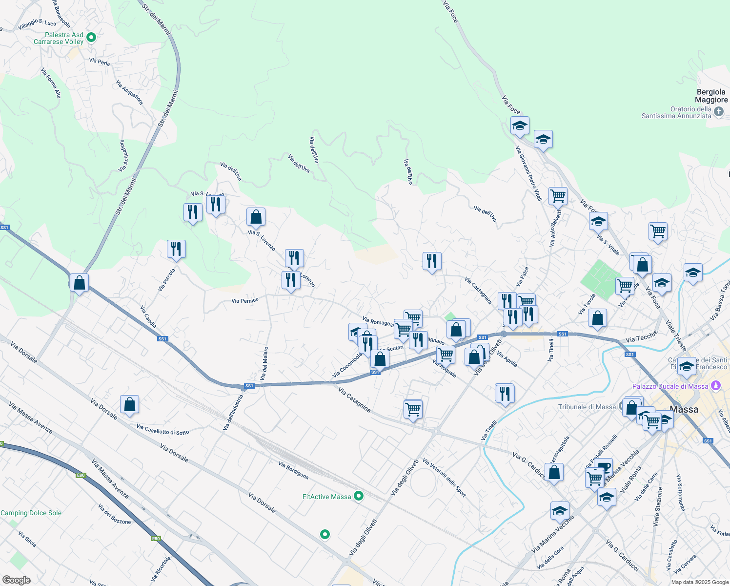 map of restaurants, bars, coffee shops, grocery stores, and more near 3 Via del Pozzo in Massa