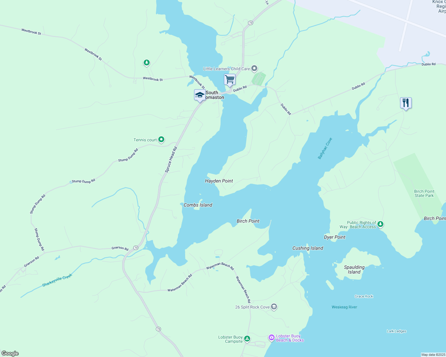 map of restaurants, bars, coffee shops, grocery stores, and more near Hayden Point Dr in South Thomaston