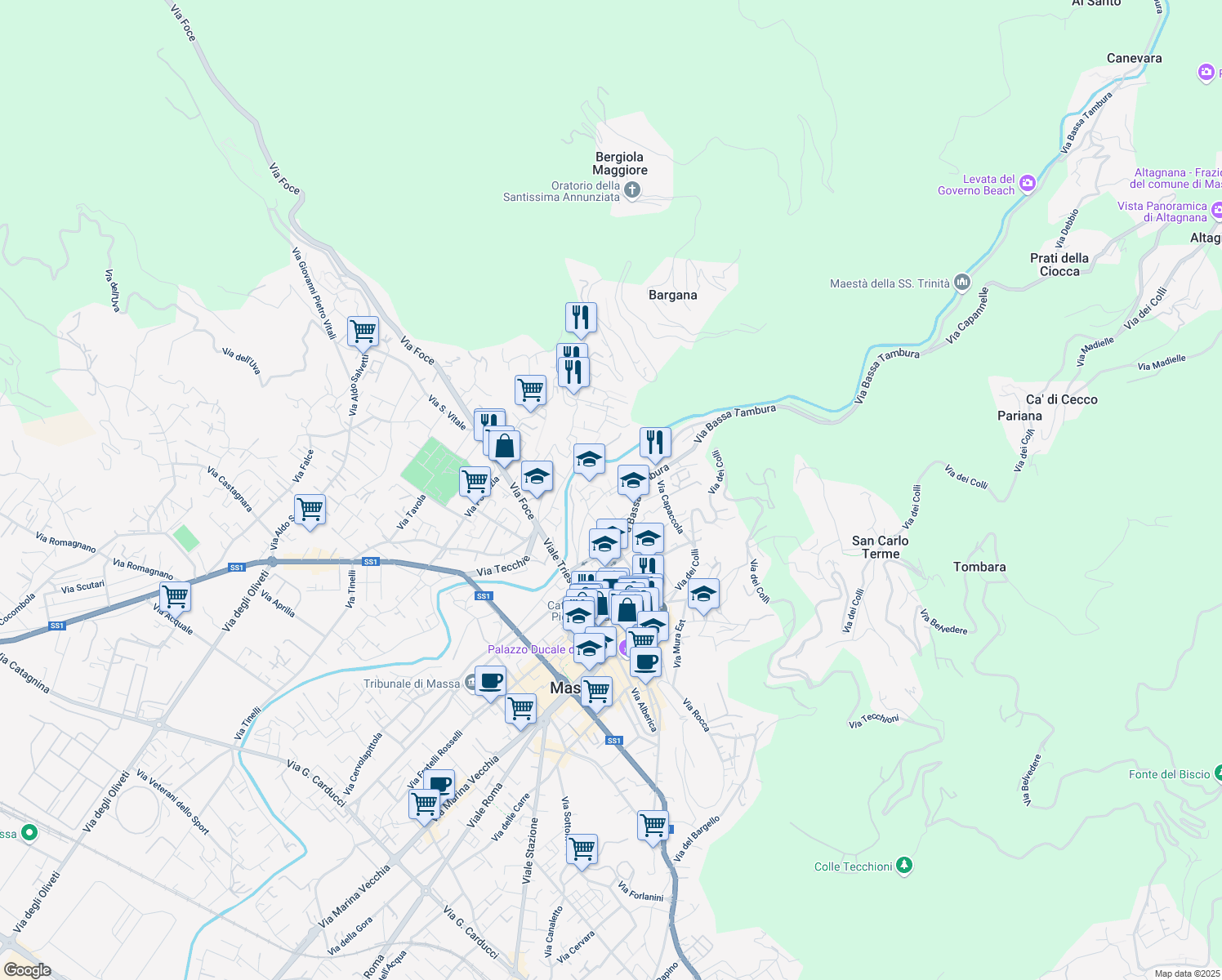 map of restaurants, bars, coffee shops, grocery stores, and more near 134 Via Felice Cavallotti in Massa