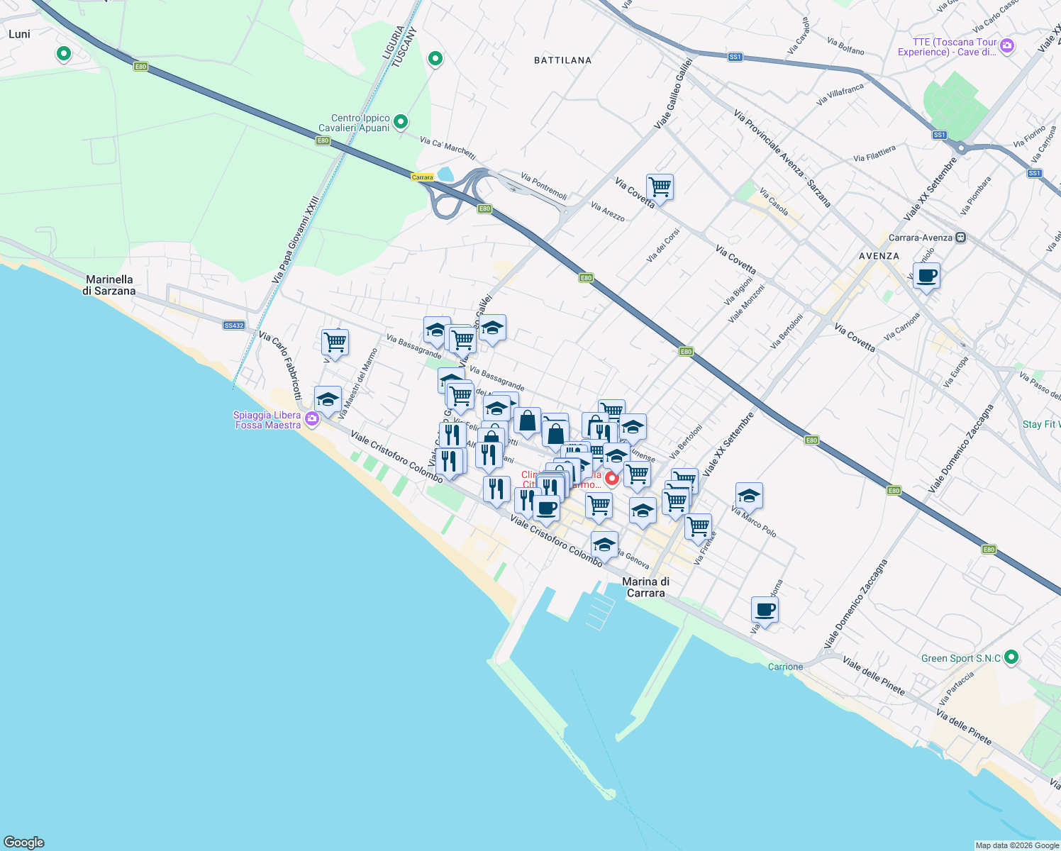 map of restaurants, bars, coffee shops, grocery stores, and more near 81 Via dei Mille in Marina di Carrara