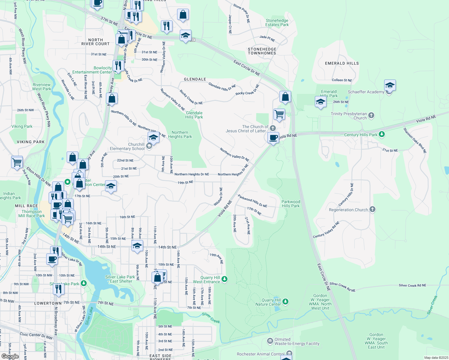 map of restaurants, bars, coffee shops, grocery stores, and more near 1611 19th Street Northeast in Rochester
