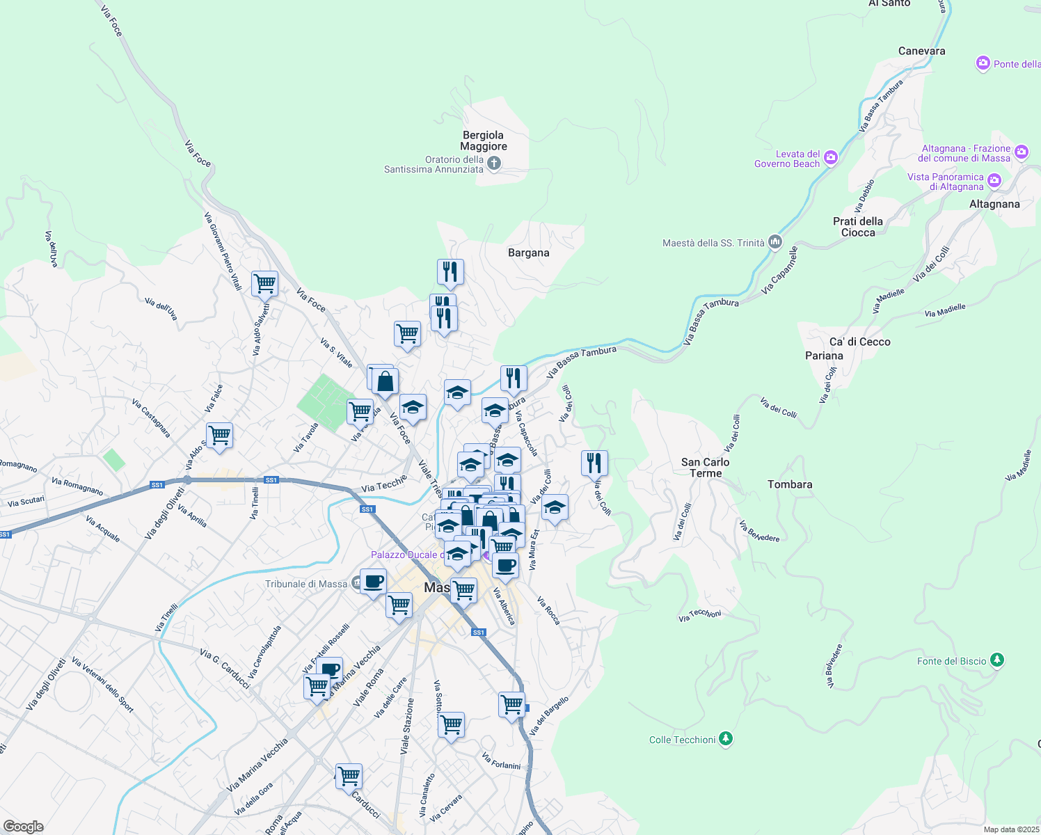 map of restaurants, bars, coffee shops, grocery stores, and more near 72 Via Capaccola in Massa