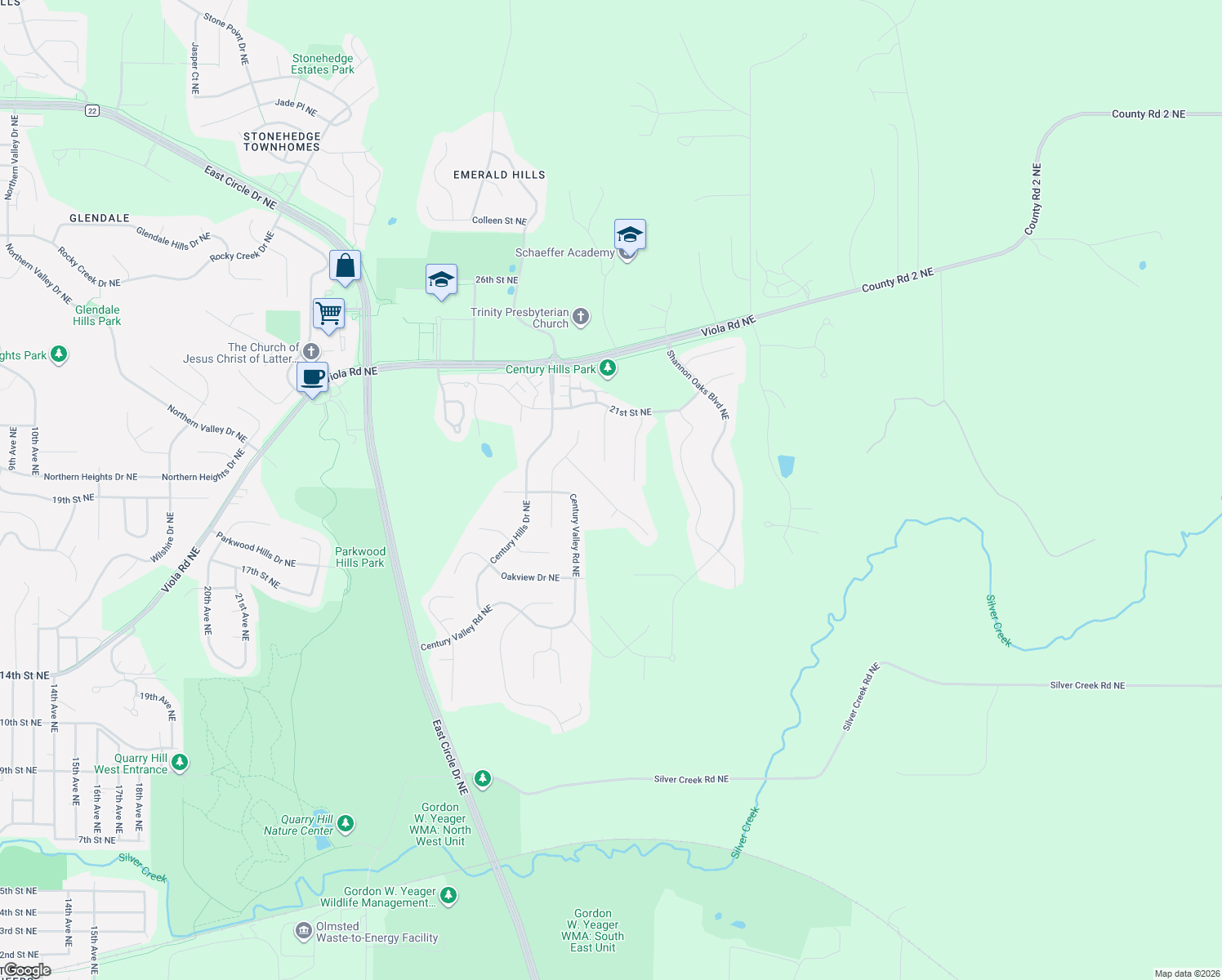 map of restaurants, bars, coffee shops, grocery stores, and more near 3147 Scanlan Lane Northeast in Rochester