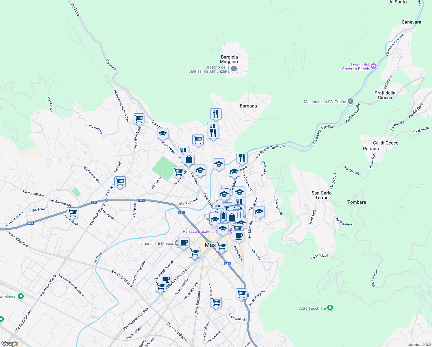 map of restaurants, bars, coffee shops, grocery stores, and more near 8 Piazza Ospedaletto in Massa
