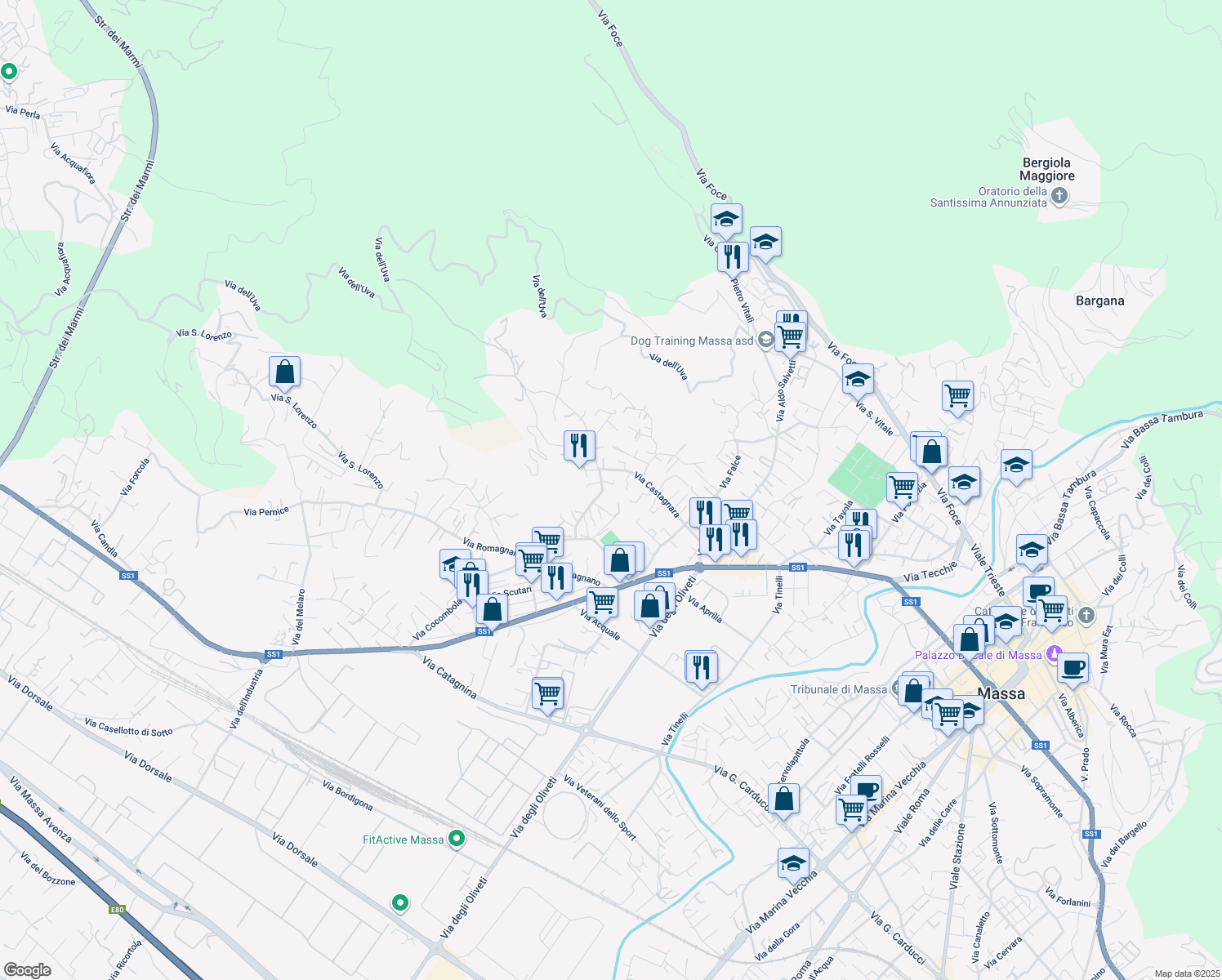 map of restaurants, bars, coffee shops, grocery stores, and more near 123 Via Villaggio Castagnara in Massa