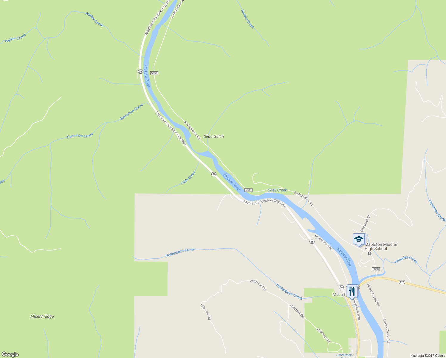 map of restaurants, bars, coffee shops, grocery stores, and more near 11220 Oregon 36 in Mapleton