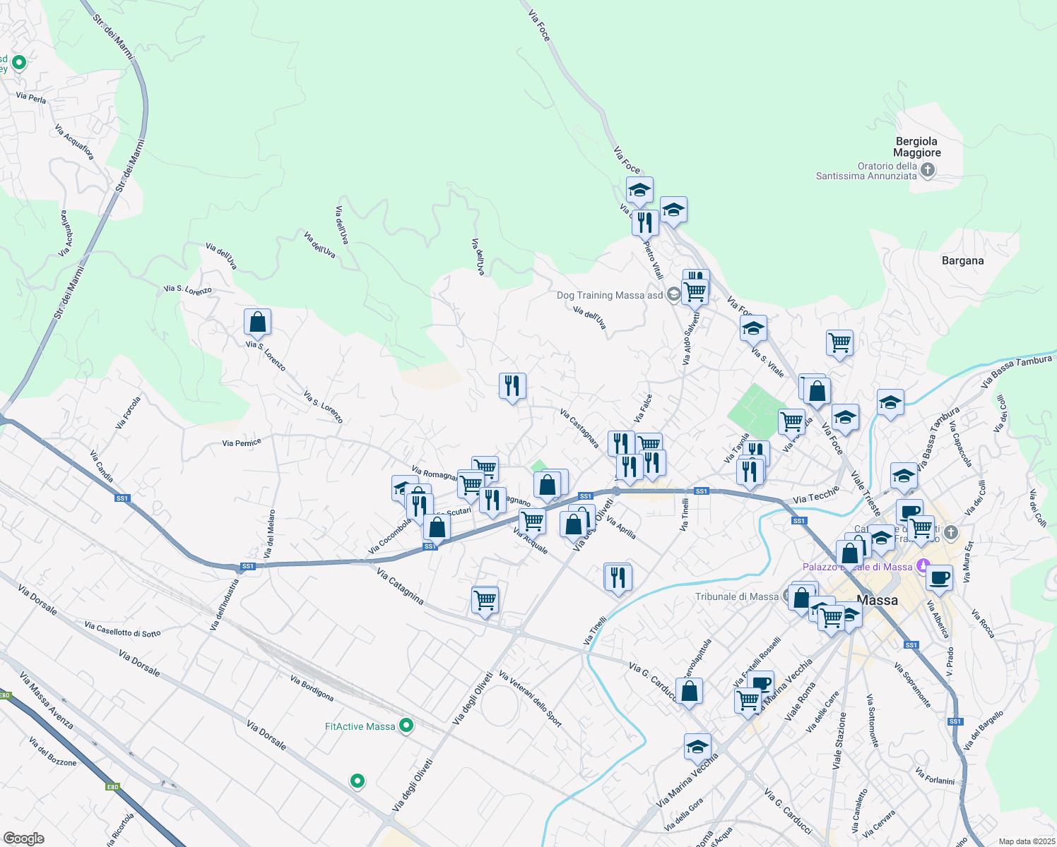 map of restaurants, bars, coffee shops, grocery stores, and more near 123 Via Villaggio Castagnara in Massa