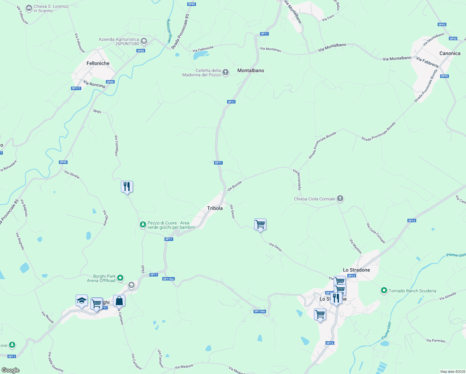 map of restaurants, bars, coffee shops, grocery stores, and more near 22 Via Bionda in Tribola