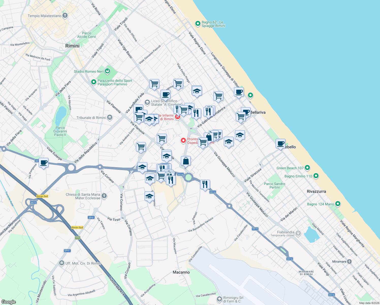 map of restaurants, bars, coffee shops, grocery stores, and more near in Rimini