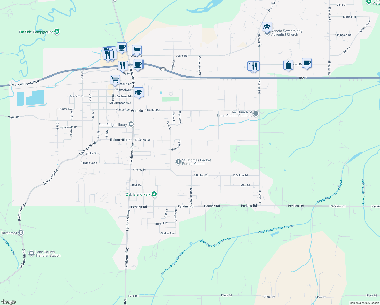 map of restaurants, bars, coffee shops, grocery stores, and more near 25318 Jake Street in Veneta