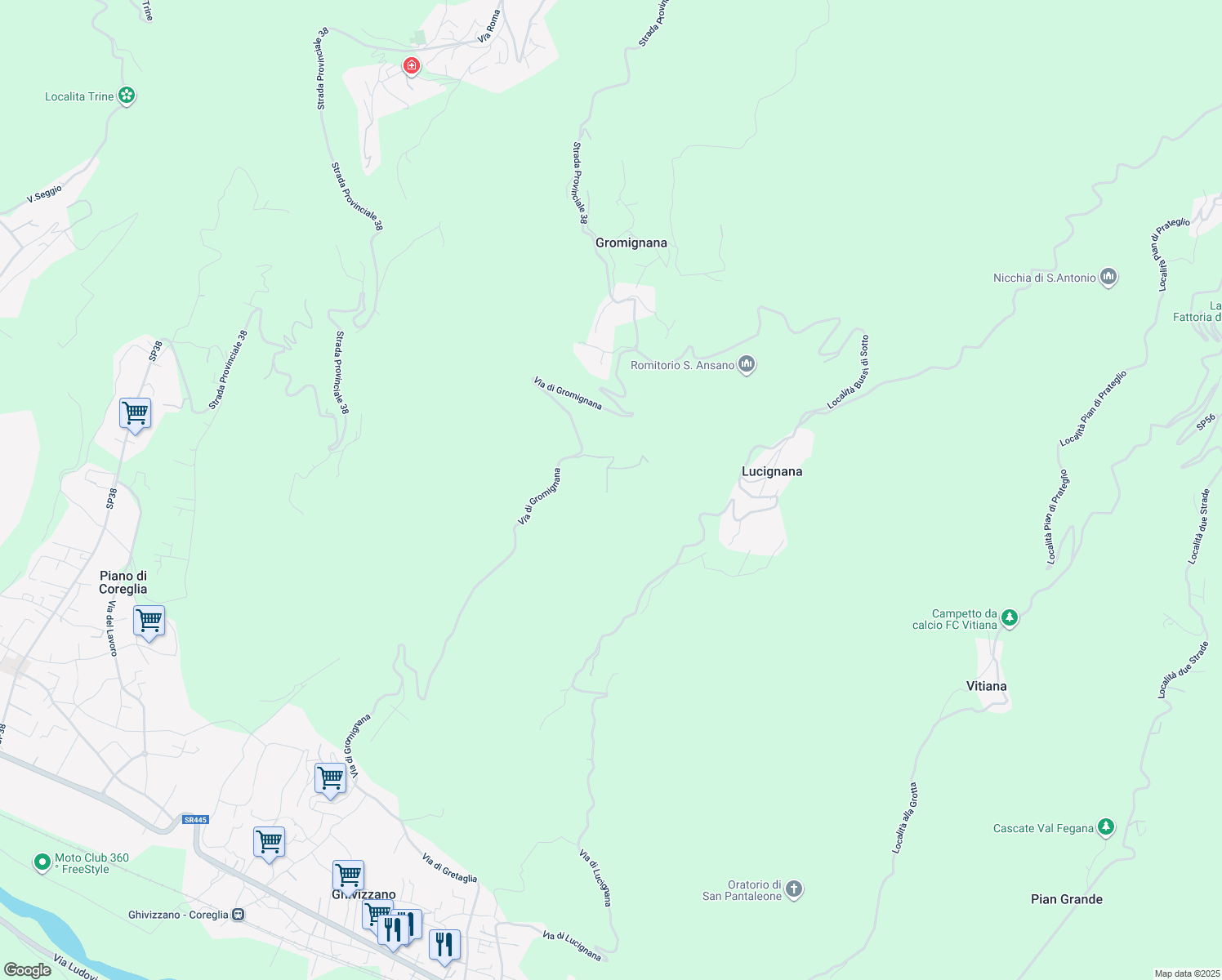 map of restaurants, bars, coffee shops, grocery stores, and more near Strada Provinciale 38 in Gromignana