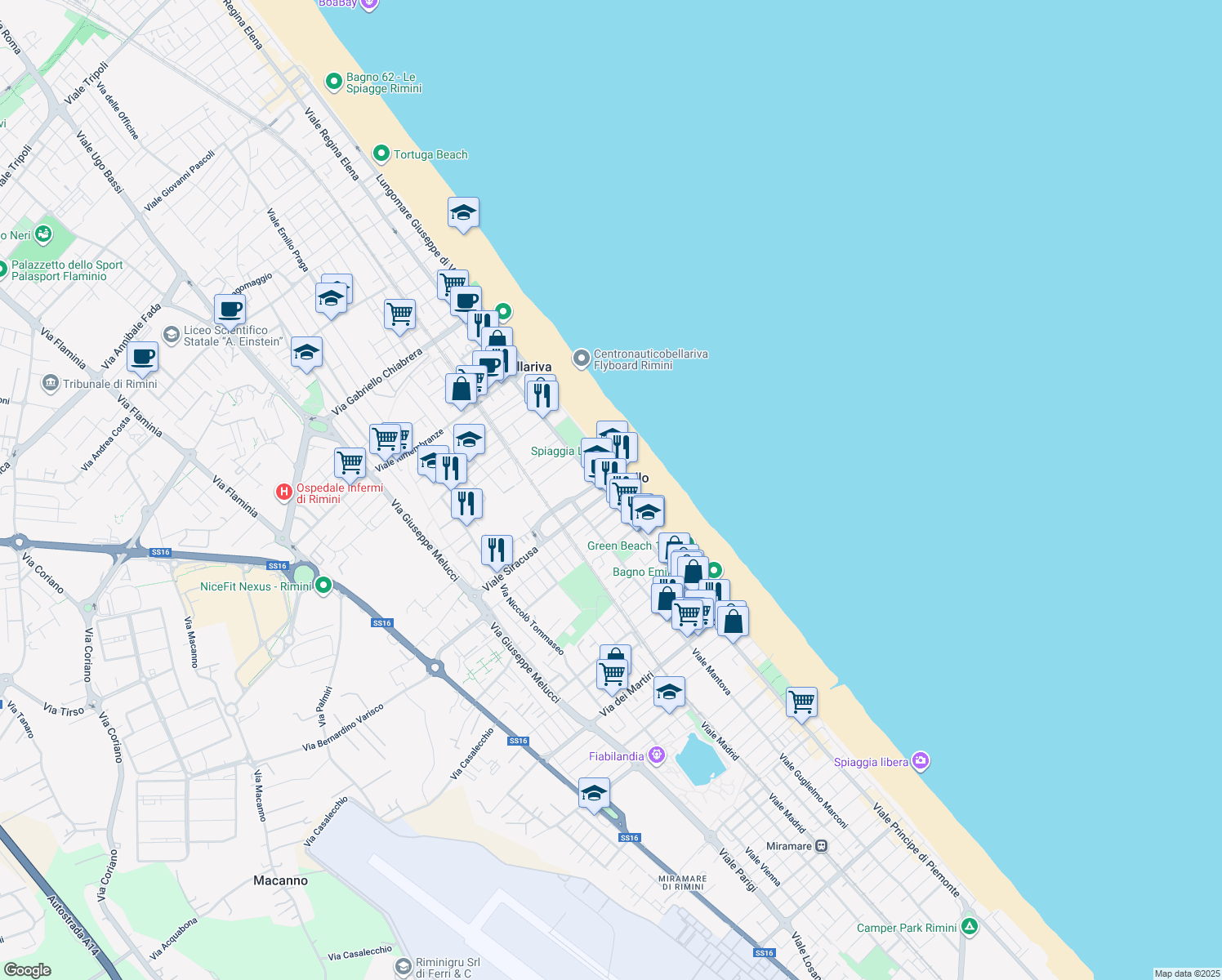 map of restaurants, bars, coffee shops, grocery stores, and more near 69 Lungomare Giuseppe di Vittorio in Rimini