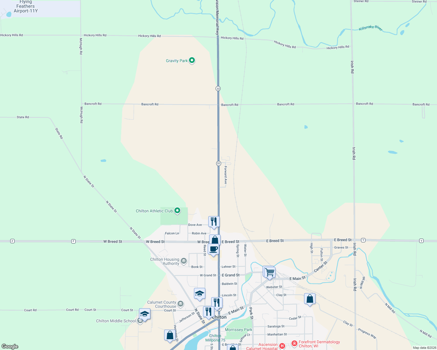 map of restaurants, bars, coffee shops, grocery stores, and more near 845 N Madison St in Chilton