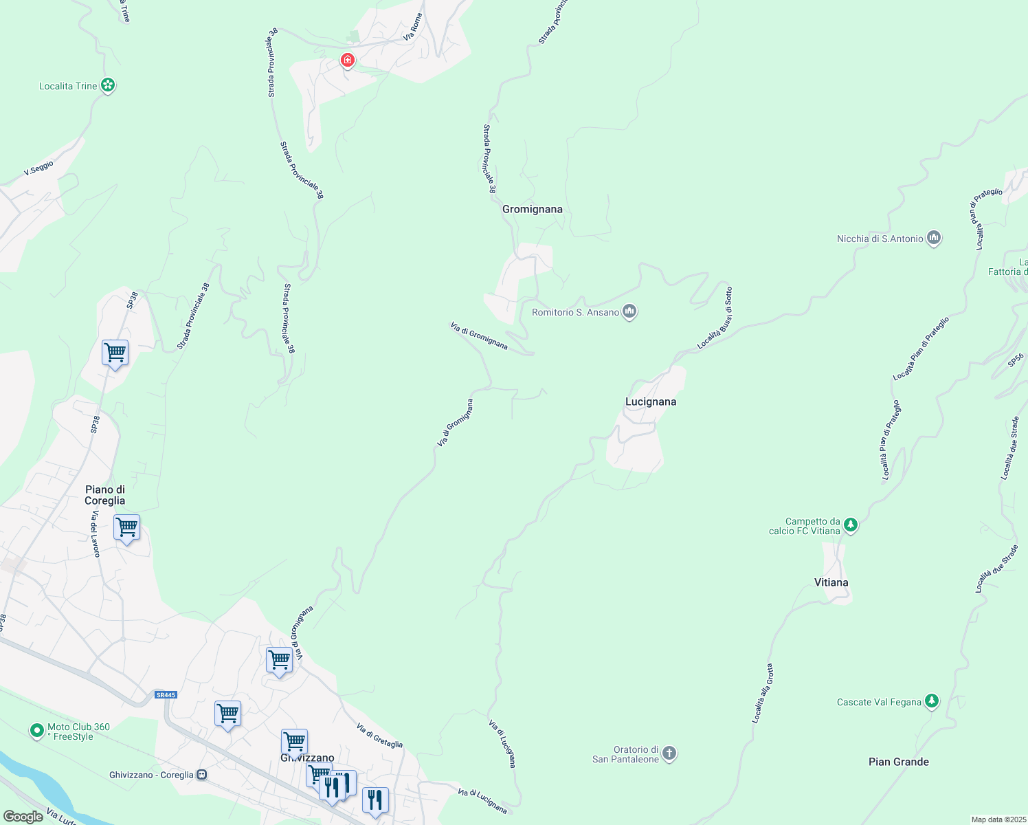 map of restaurants, bars, coffee shops, grocery stores, and more near Strada Provinciale 38 in Gromignana