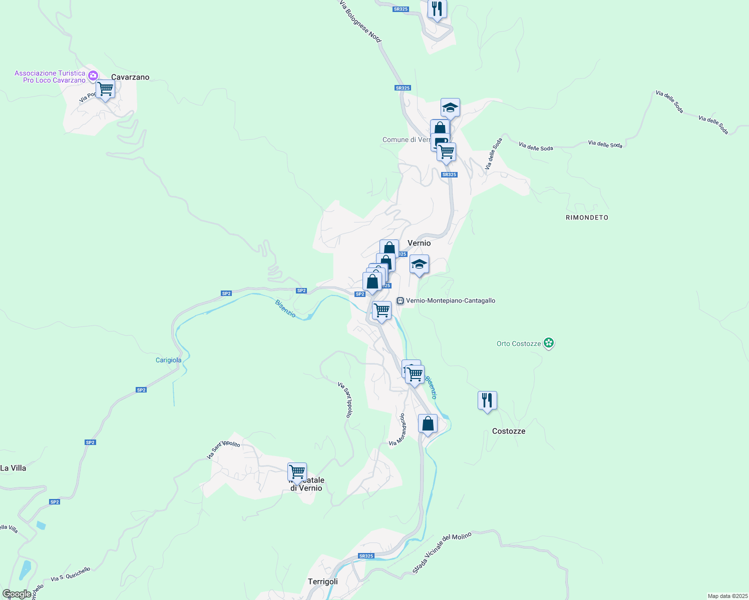 map of restaurants, bars, coffee shops, grocery stores, and more near Via del Bisenzio in Mercatale-San Quirico