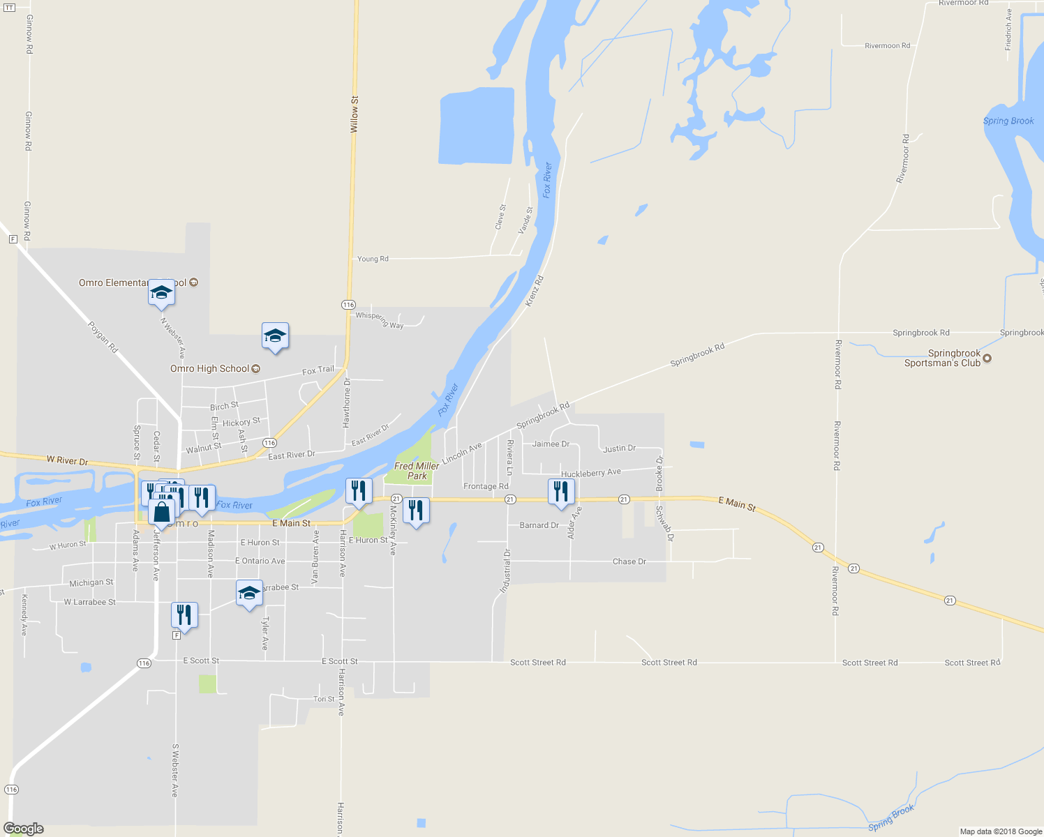 map of restaurants, bars, coffee shops, grocery stores, and more near 1627-1629 Lincoln Avenue in Omro