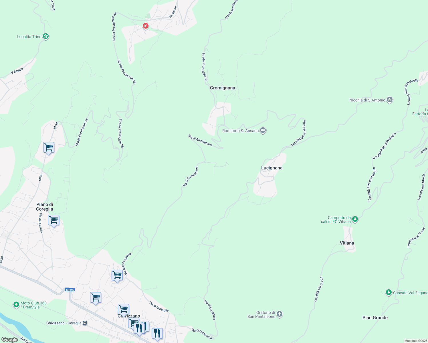 map of restaurants, bars, coffee shops, grocery stores, and more near Strada Provinciale 38 in Gromignana