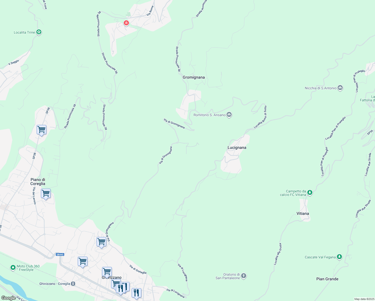 map of restaurants, bars, coffee shops, grocery stores, and more near Strada Provinciale 38 in Gromignana