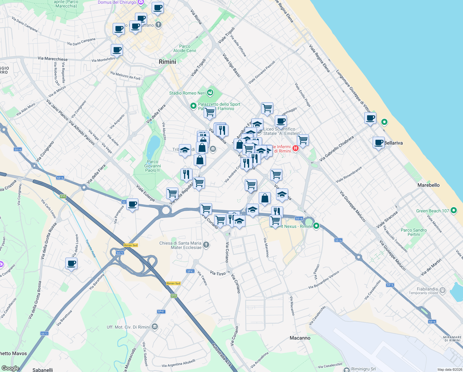 map of restaurants, bars, coffee shops, grocery stores, and more near 14 Via Filippo Turati in Rimini