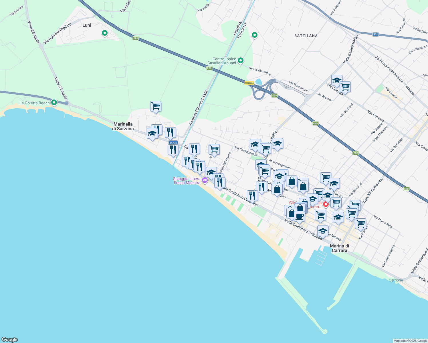 map of restaurants, bars, coffee shops, grocery stores, and more near 53 Via Comano in Marina di Carrara
