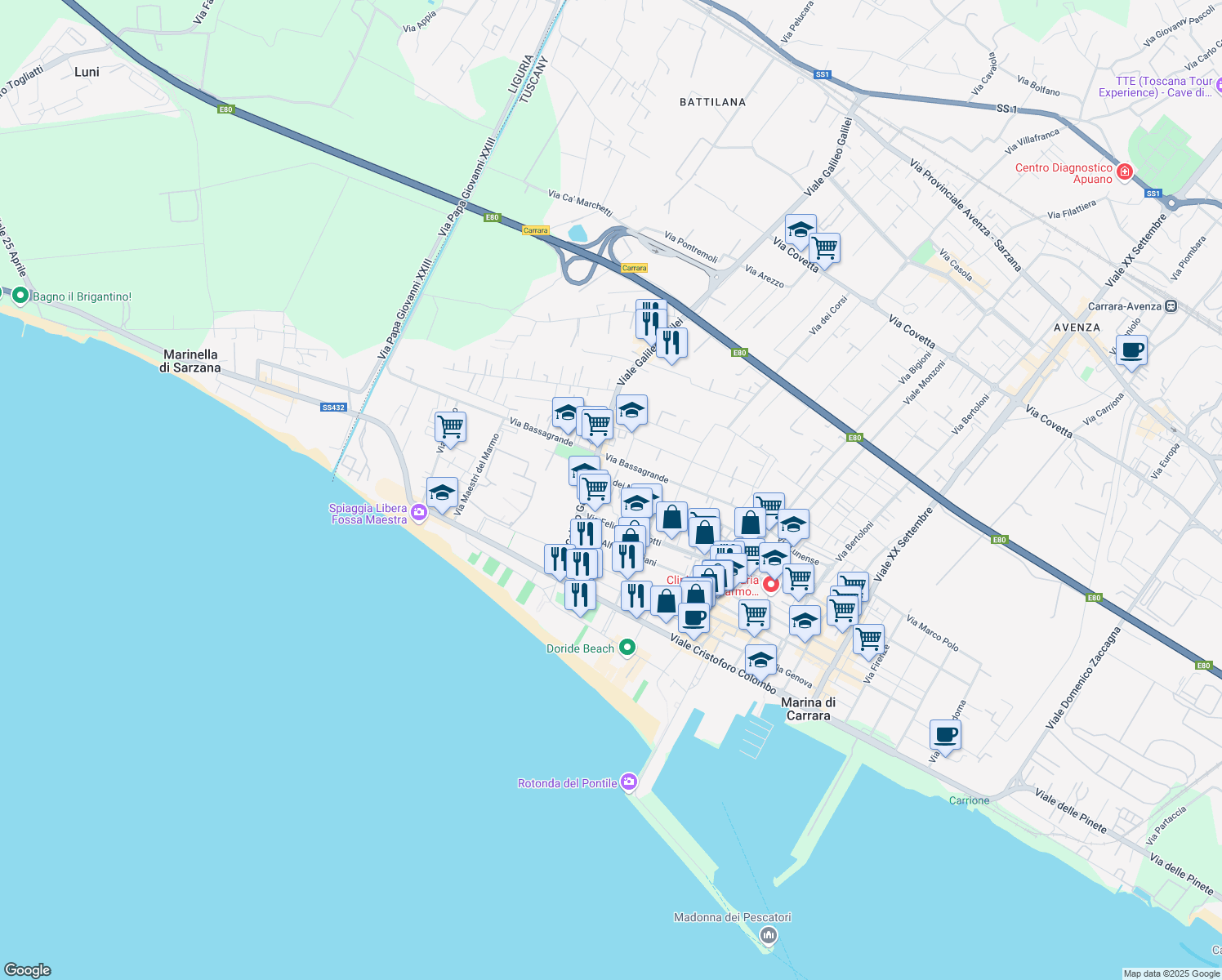 map of restaurants, bars, coffee shops, grocery stores, and more near 135 Via dei Mille in Carrara
